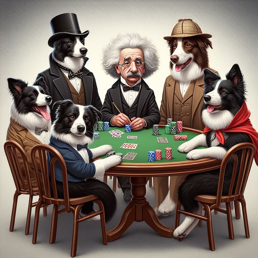 Border Collie caracterizados como famosos em forma de humano ao lado do Albert Einstein 