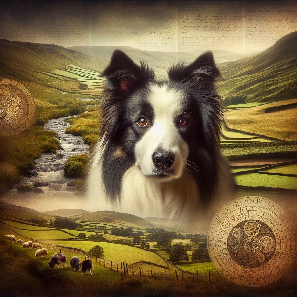 Border Collie em paisagens da região fronteiriça entre a Escócia e a Inglaterra, refletindo sua origem e história, com elementos que destacam sua inteligência, adaptabilidade e papel histórico na sociedade rural