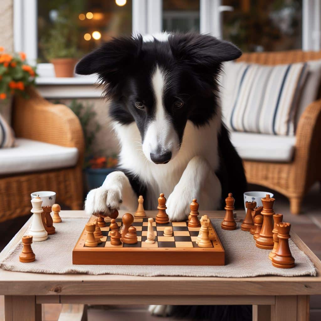 Border collie jogando xadrez, retratando a inteligência da raça