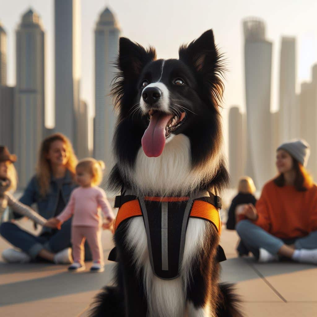 Border Collie na sociedade moderna, integrado em contextos urbanos, participando de esportes caninos, terapias assistidas, programas educacionais, e sendo parte da família em atividades diárias