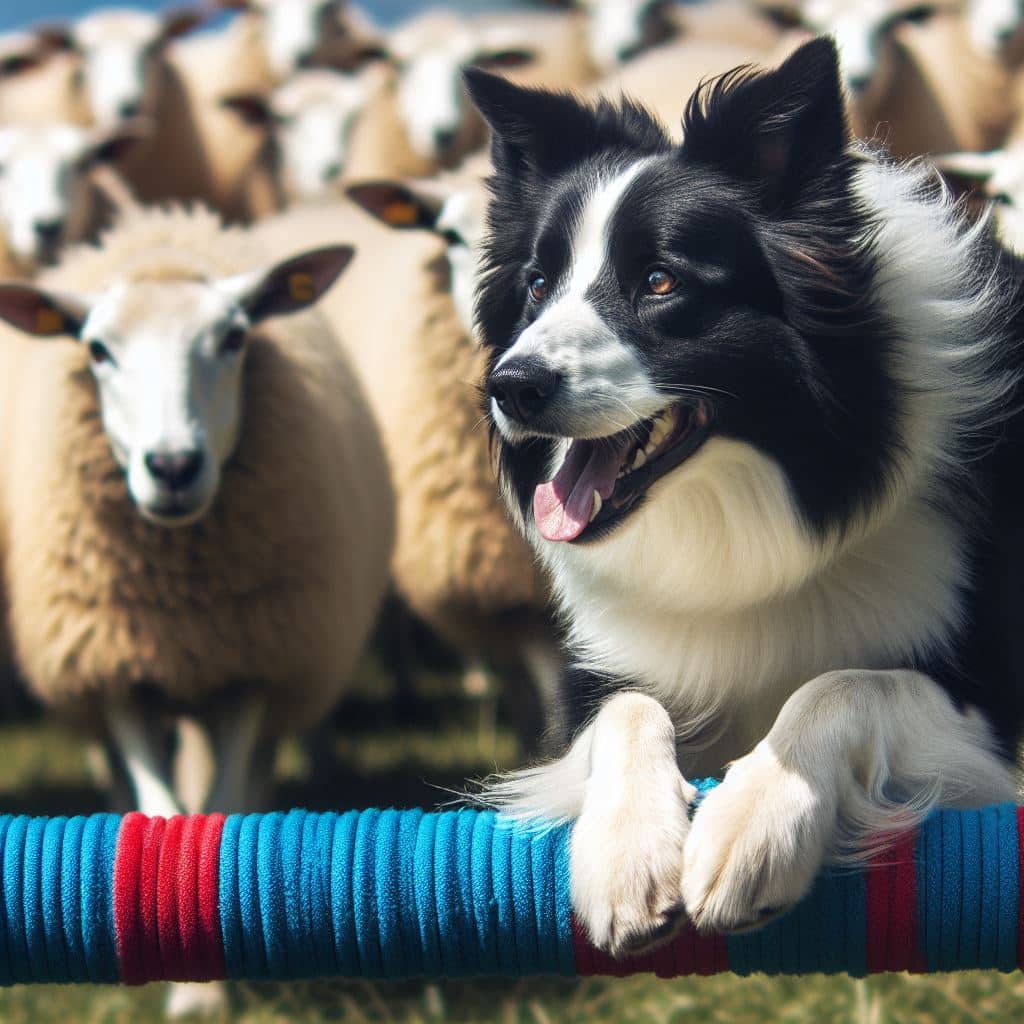 Border Collie em agility e pastoreando ovelhas, mostrando a versatilidade da raça em diferentes atividades